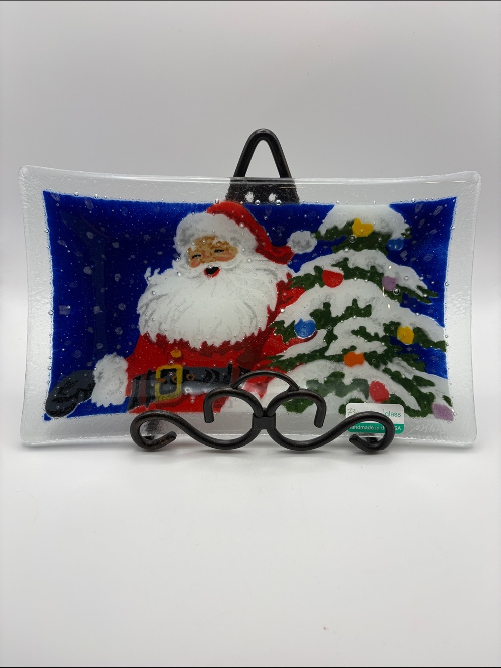 NIB Peggy Karr Santa with Christmas Tree Fused Art Glass 9-1/2" x 5-1/2" Tray